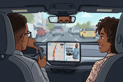 Passengers in a vehicle viewing the Out-door in-car screen
